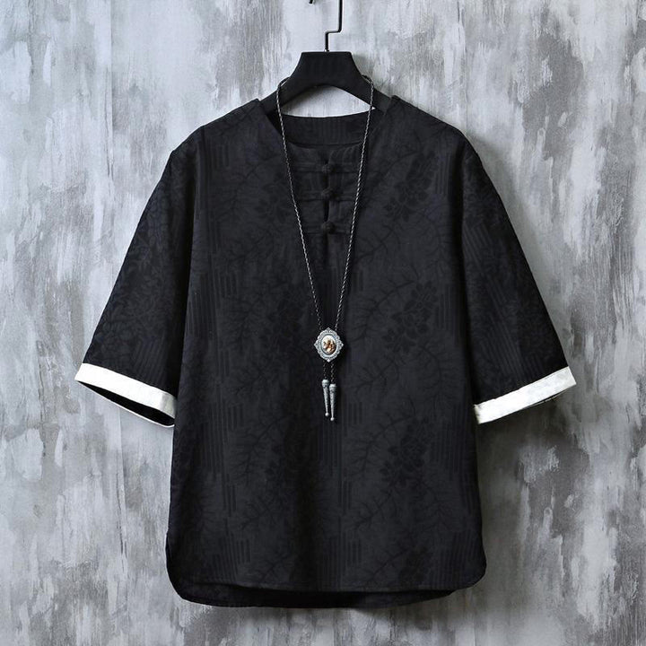 Buddha Stones Letnia bawełniana koszula męska z krótkim rękawem i kwiatowym wzorem w żabki - Czarny - US/UK/AU48， EU58 (6XL) - image 10