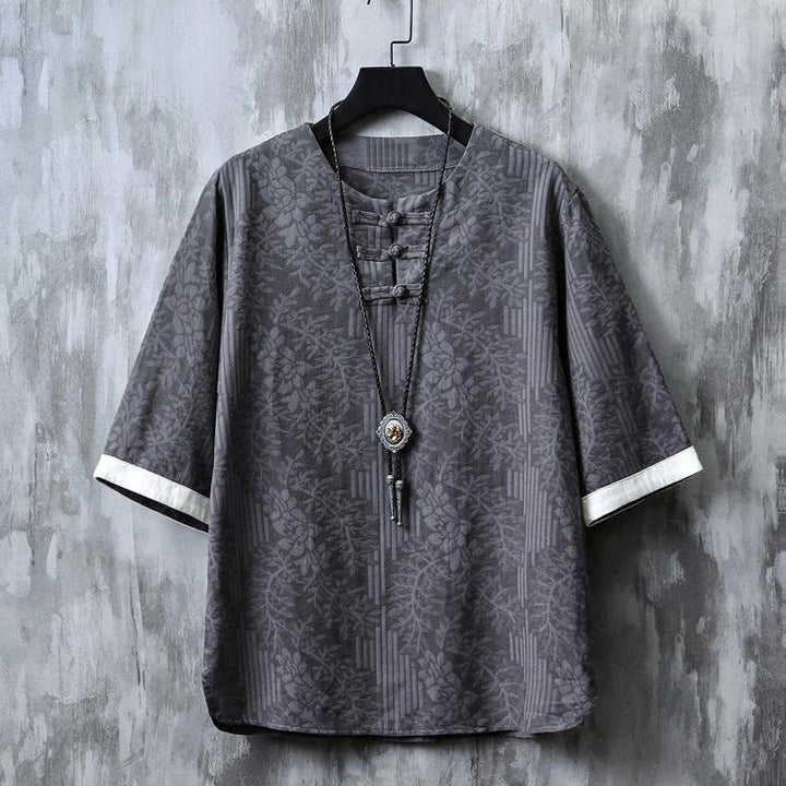Buddha Stones Letnia bawełniana koszula męska z krótkim rękawem i kwiatowym wzorem w żabki - Szary - US/UK/AU48， EU58 (6XL) - image 3