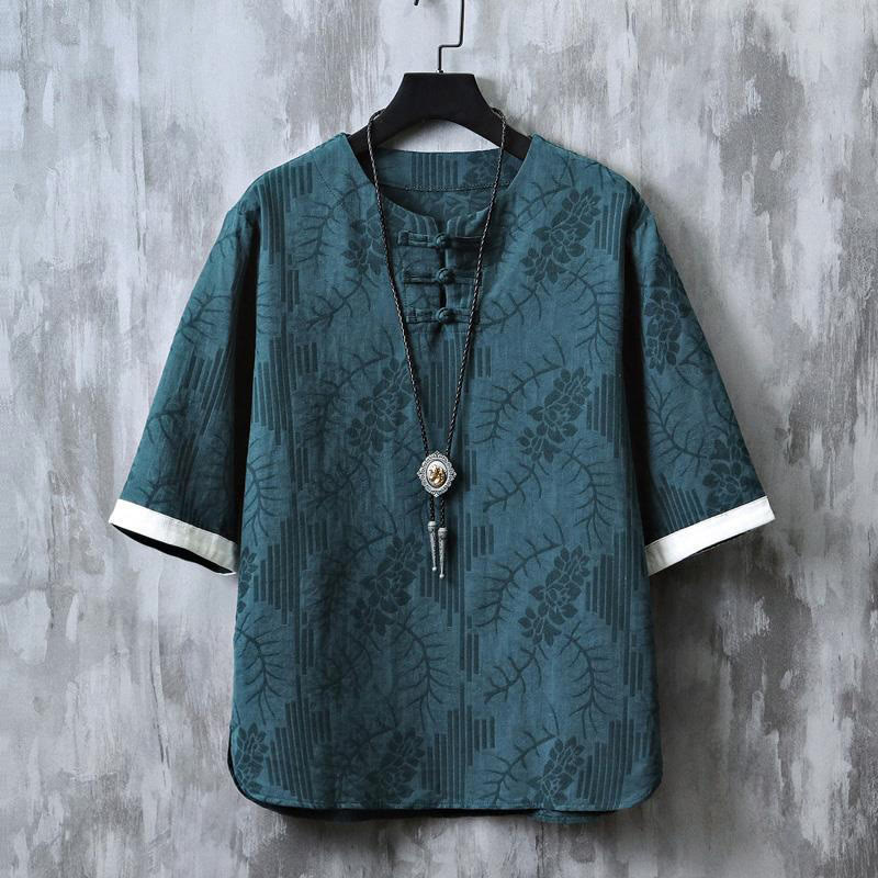 Buddha Stones Letnia bawełniana koszula męska z krótkim rękawem i kwiatowym wzorem w żabki - Cyraneczka - US/UK/AU48， EU58 (6XL) - image 0