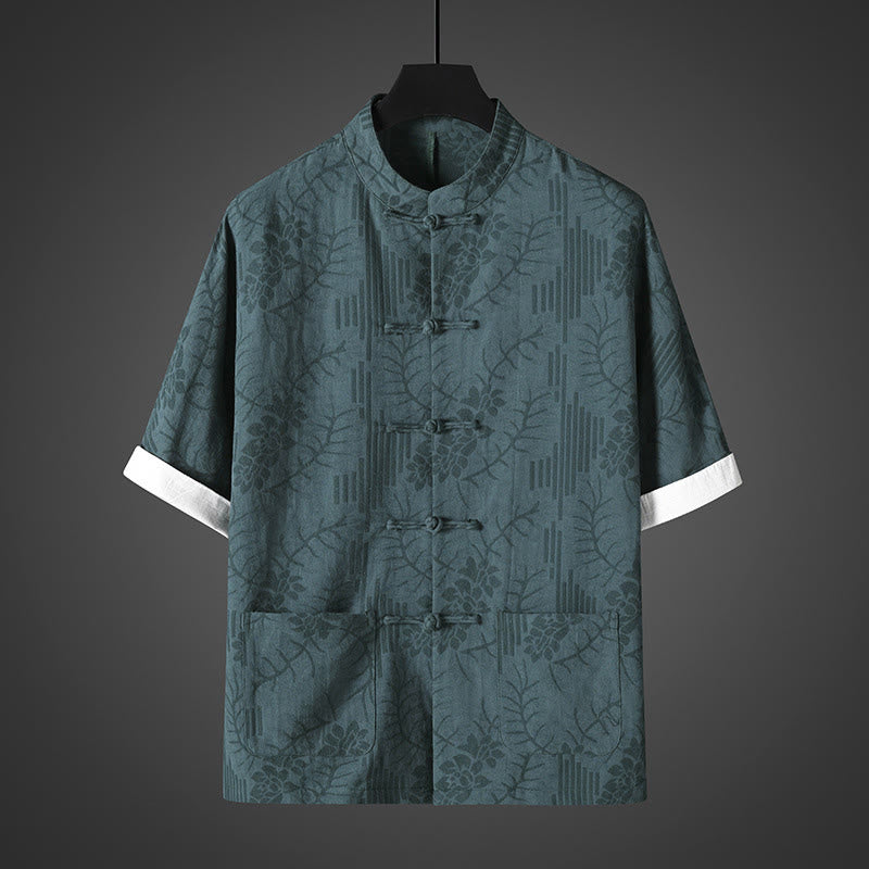 Buddha Stones Letnia męska koszula bawełniana z krótkim rękawem i kwiatowym wzorem w żabki - Cyraneczka - US/UK/AU46， EU56 (5XL) - image 4
