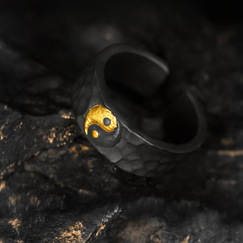Buddha Stones Ręcznie robiony pierścień z teksturą Yin Yang i równoważeniem ze srebra próby 999 i złota próby 999 - image 1