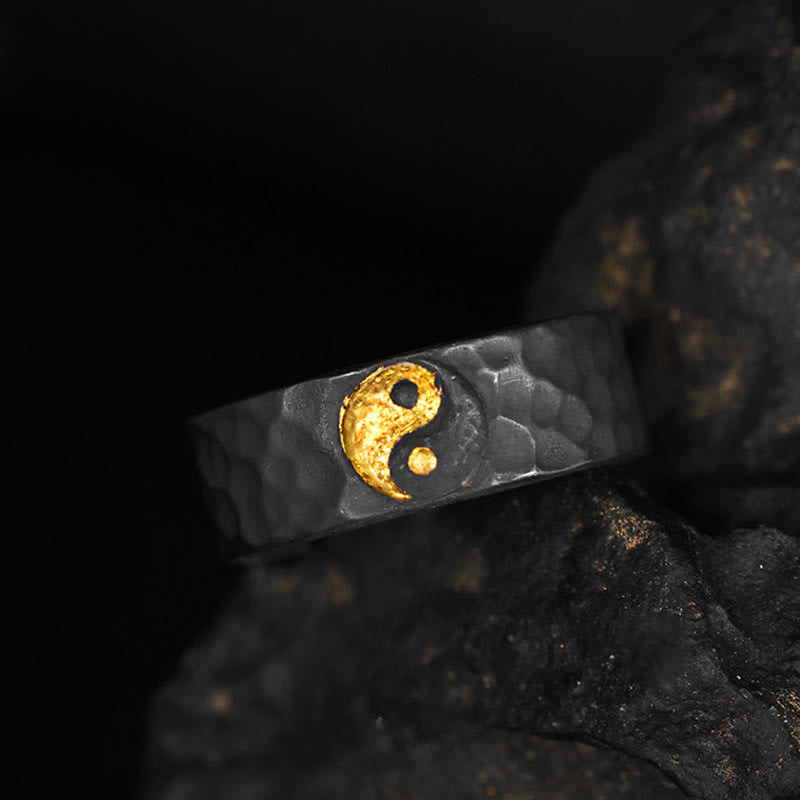 Buddha Stones Ręcznie robiony pierścień z teksturą Yin Yang i równoważeniem ze srebra próby 999 i złota próby 999 - image 2