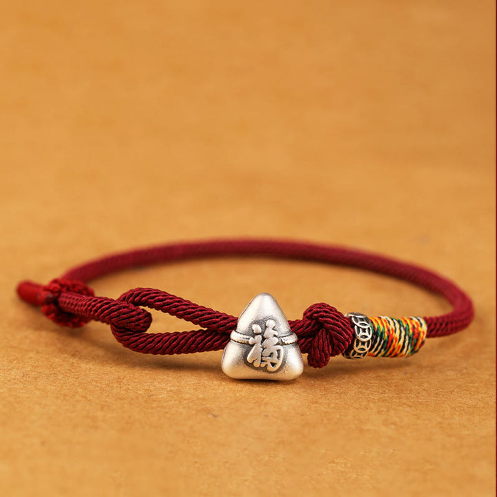 Buddha Stones Bransoletka z liny z motywem szczęścia i postaci Fu Zongzi ze srebra próby 999 - Ciemnoczerwony - 19-21 cm - image 0