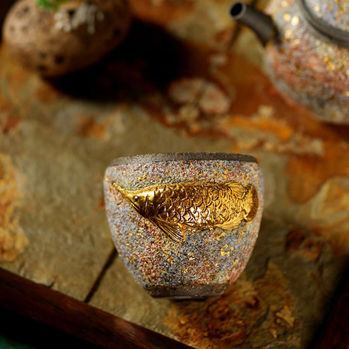 Buddha Stones Ceramiczna filiżanka do herbaty Kung Fu w kształcie ryby Koi z motywem złotej Arowany - image 8