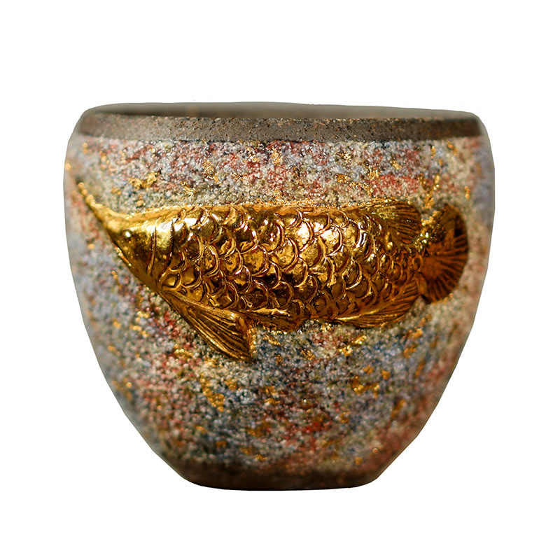 Buddha Stones Ceramiczna filiżanka do herbaty Kung Fu w kształcie ryby Koi z motywem złotej Arowany - image 9