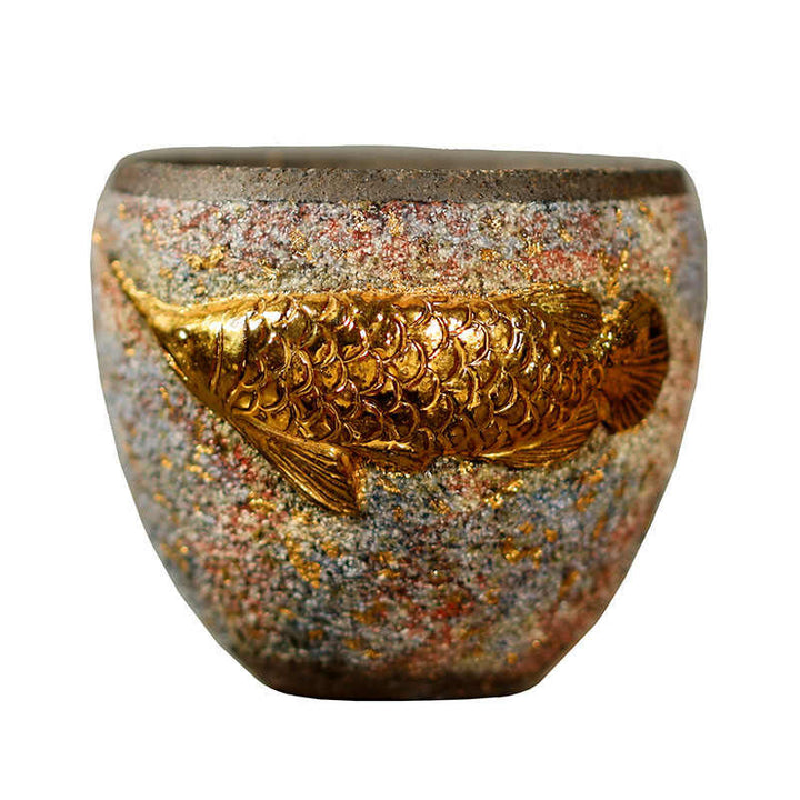 Buddha Stones Ceramiczna filiżanka do herbaty Kung Fu w kształcie ryby Koi z motywem złotej Arowany - image 9