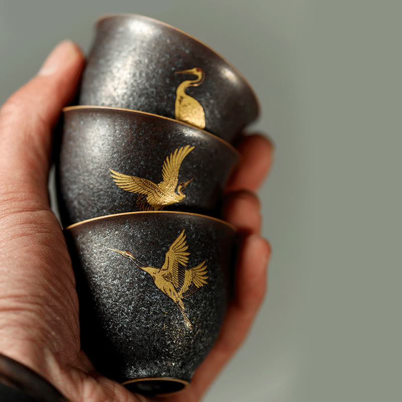 Buddha Stones Mała, ręcznie malowana, ceramiczna filiżanka do herbaty Kung Fu w kształcie złotego żurawia, 40 ml - image 10