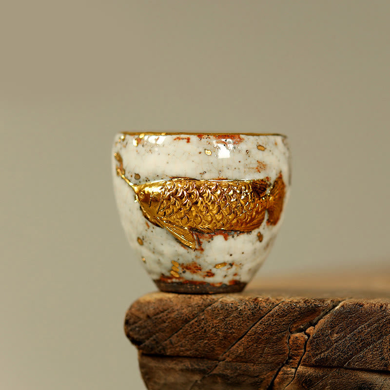 Buddha Stones Ręcznie wykonany ceramiczny czajniczek do herbaty Kung Fu w kształcie złotej ryby Arowana Koi - Kubek 6,5 cm * 6,1 cm * 100 ml - image 0