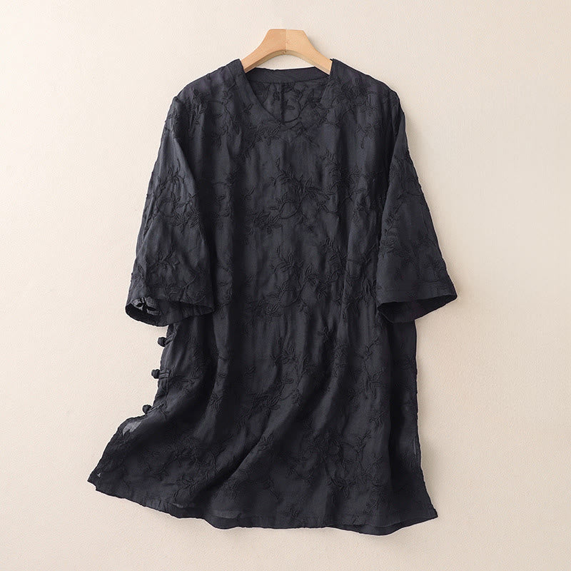 Buddha Stones Koszula damska bawełniana wiosenna z długim rękawem i dekoltem w serek, z wzorem liści - Czarny - US8-10，UK/AU12-14，EU40-42 (2XL) - image 8