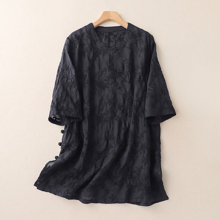 Buddha Stones Koszula damska bawełniana wiosenna z długim rękawem i dekoltem w serek, z wzorem liści - Czarny - US8-10，UK/AU12-14，EU40-42 (2XL) - image 8