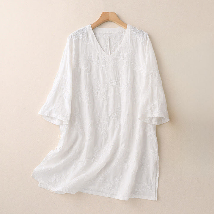 Buddha Stones Koszula damska bawełniana wiosenna z długim rękawem i dekoltem w serek, z wzorem liści - Biały - US8-10，UK/AU12-14，EU40-42 (2XL) - image 9