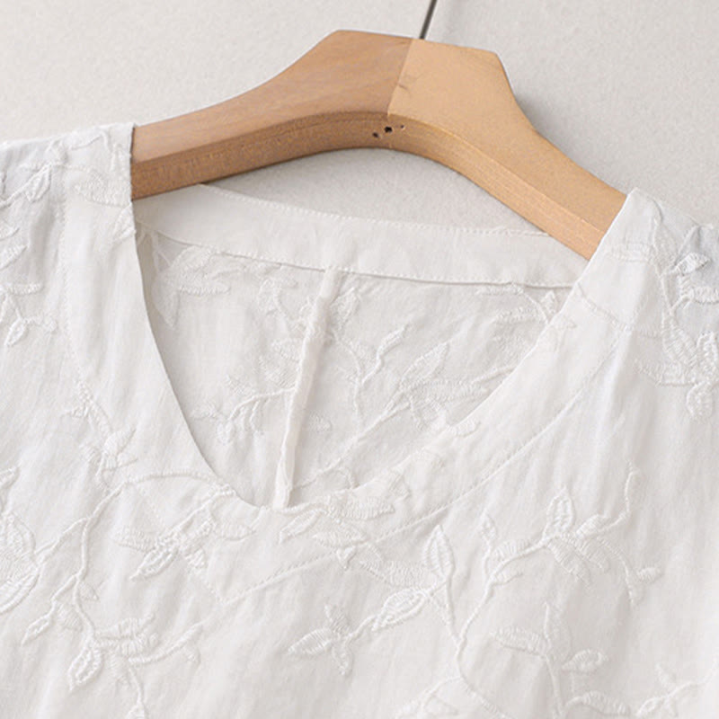 Buddha Stones Koszula damska bawełniana wiosenna z długim rękawem i dekoltem w serek, z wzorem liści - image 11