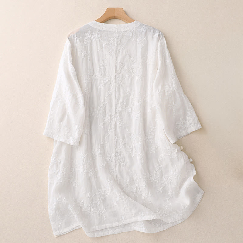 Buddha Stones Koszula damska bawełniana wiosenna z długim rękawem i dekoltem w serek, z wzorem liści - image 10