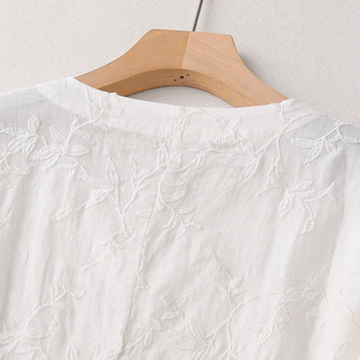 Buddha Stones Koszula damska bawełniana wiosenna z długim rękawem i dekoltem w serek, z wzorem liści - image 15