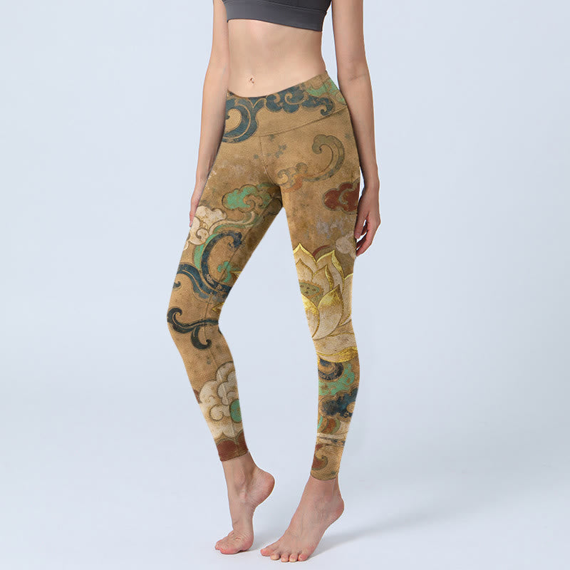 Buddha Stones Tradycyjne legginsy do jogi damskie z nadrukiem w kwiaty lotosu i chmury - Nawłoć - US18, UK/AU22, EU50 (4XL) - image 0