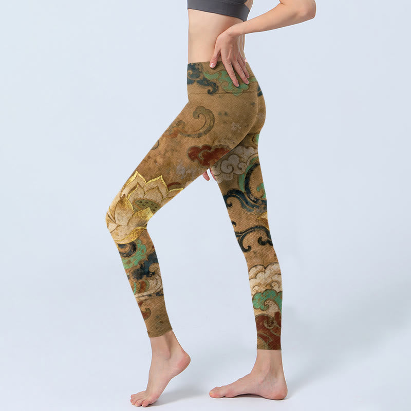 Buddha Stones Tradycyjne legginsy do jogi damskie z nadrukiem w kwiaty lotosu i chmury - image 2