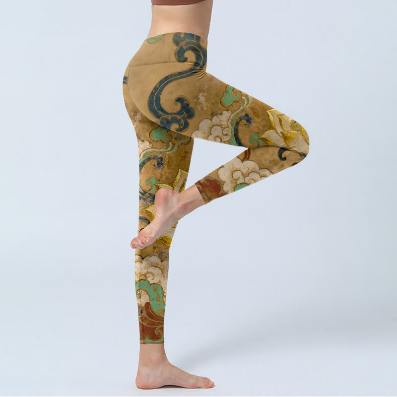 Buddha Stones Tradycyjne legginsy do jogi damskie z nadrukiem w kwiaty lotosu i chmury - image 3