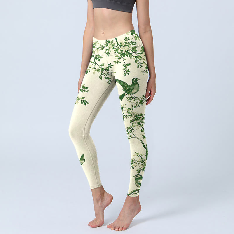 Buddha Stones Legginsy do jogi damskie ze wzorem świeżych kwiatów i ptaków, z nadrukiem na siłowni - Beżowy - US18, UK/AU22, EU50 (4XL) - image 0