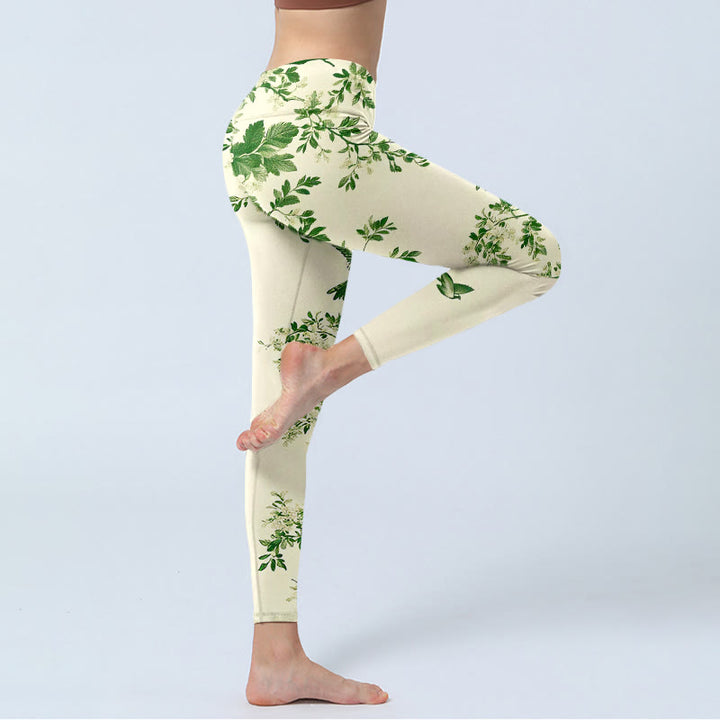 Buddha Stones Legginsy do jogi damskie ze wzorem świeżych kwiatów i ptaków, z nadrukiem na siłowni - image 3