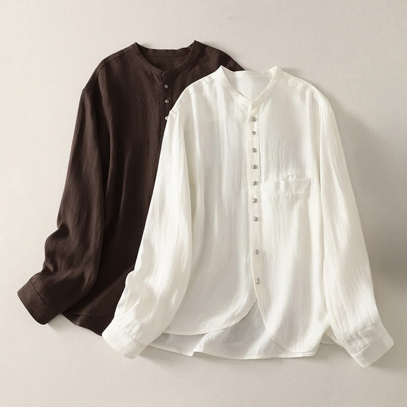 Buddha Stones Wiosenna, prosta, damska, bawełniana koszula z długim rękawem i dekoltem w serek - image 15