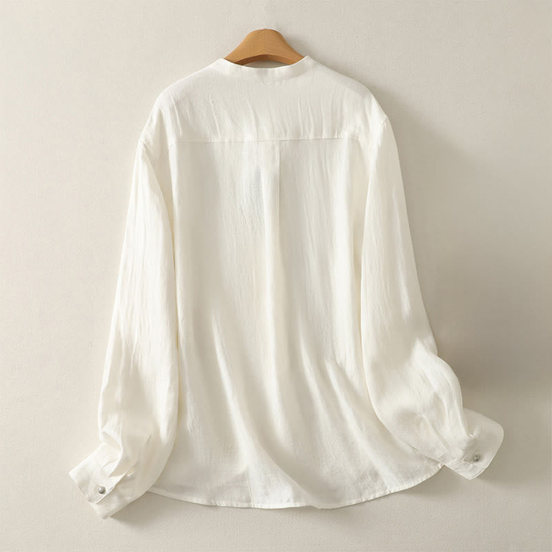 Buddha Stones Wiosenna, prosta, damska, bawełniana koszula z długim rękawem i dekoltem w serek - image 6