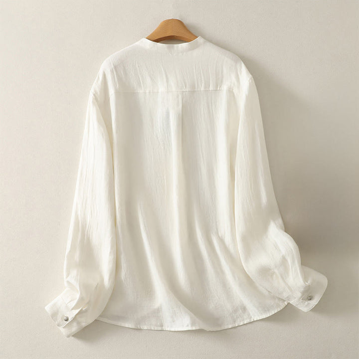 Buddha Stones Wiosenna, prosta, damska, bawełniana koszula z długim rękawem i dekoltem w serek - image 6