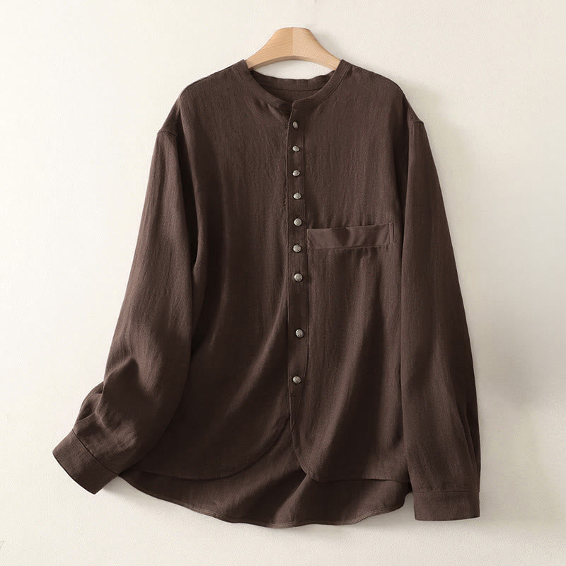 Buddha Stones Wiosenna, prosta, damska, bawełniana koszula z długim rękawem i dekoltem w serek - SaddleBrown - US8-10，UK/AU12-14，EU40-42 (2XL) - image 0