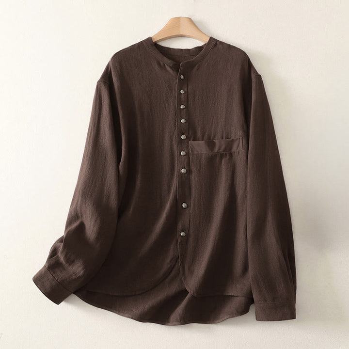 Buddha Stones Wiosenna, prosta, damska, bawełniana koszula z długim rękawem i dekoltem w serek - SaddleBrown - US8-10，UK/AU12-14，EU40-42 (2XL) - image 0