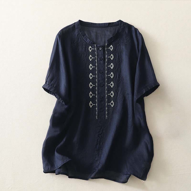 Buddha Stones Letnia koszula damska z krótkim rękawem i okrągłym dekoltem z poliestru w kwiatowy wzór - MidnightBlue - US12, UK/AU16, EU44 (2XL) - image 0