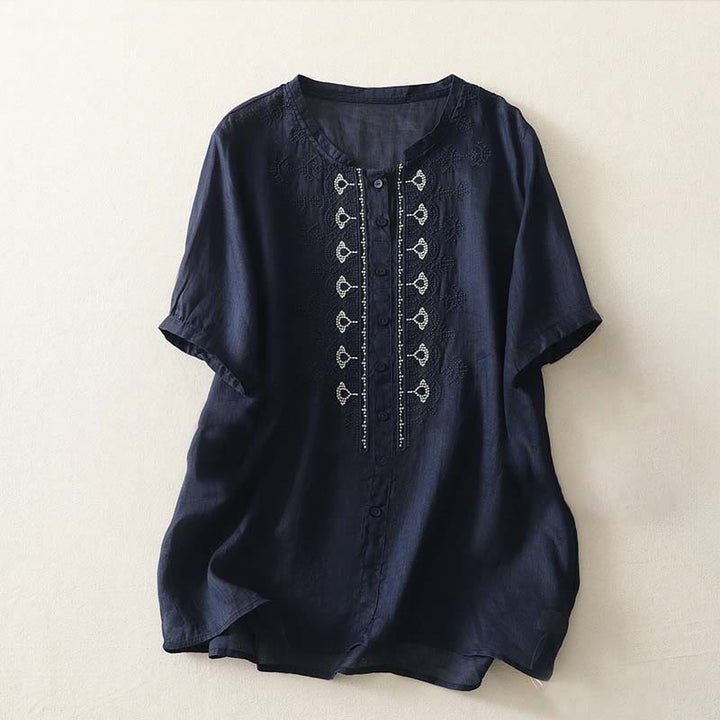 Buddha Stones Letnia koszula damska z krótkim rękawem i okrągłym dekoltem z poliestru w kwiatowy wzór - MidnightBlue - US12, UK/AU16, EU44 (2XL) - image 0