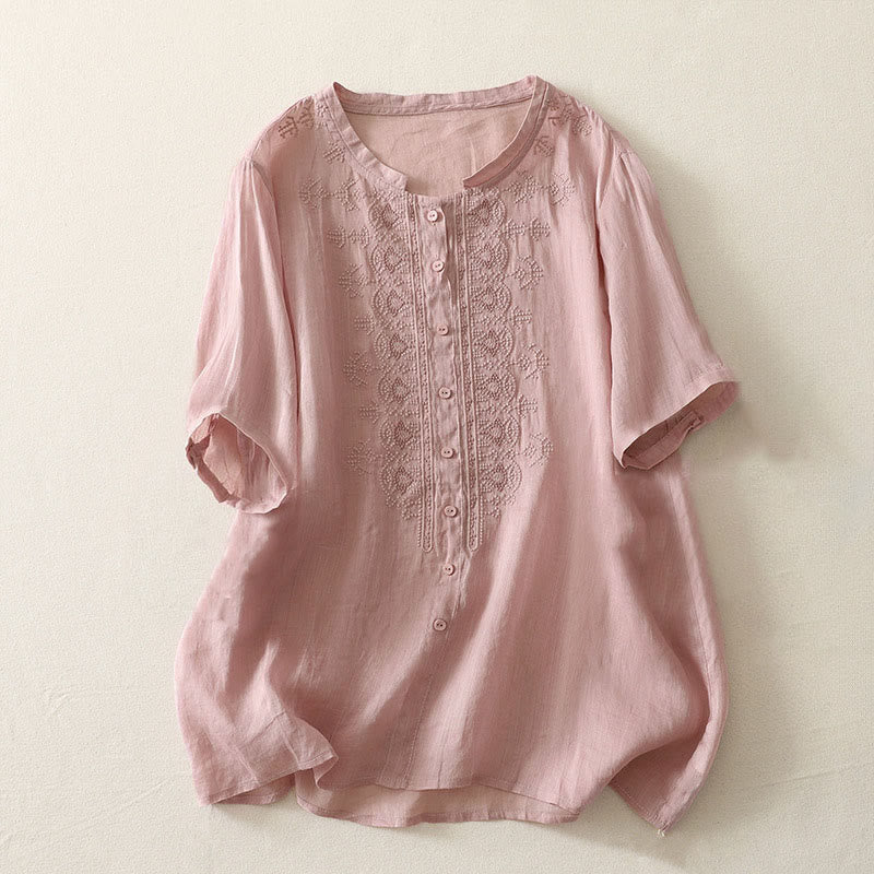 Buddha Stones Letnia koszula damska z krótkim rękawem i okrągłym dekoltem z poliestru w kwiatowy wzór - Różowy - US12, UK/AU16, EU44 (2XL) - image 5