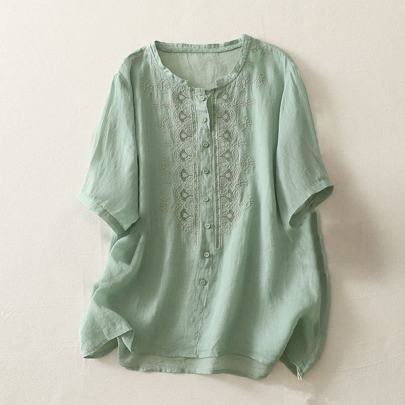 Buddha Stones Letnia koszula damska z krótkim rękawem i okrągłym dekoltem z poliestru w kwiatowy wzór - ŚredniaAkwamaryna - US12, UK/AU16, EU44 (2XL) - image 10