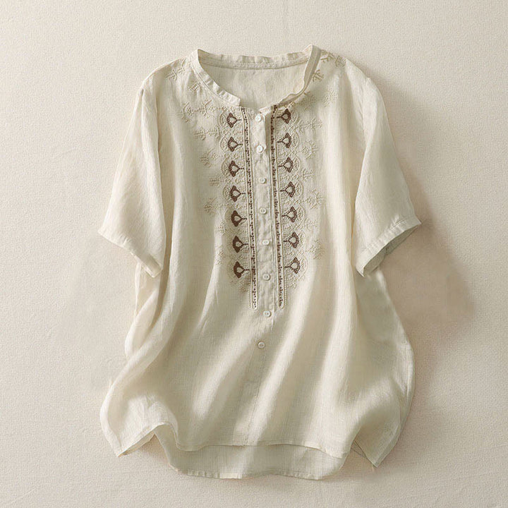 Buddha Stones Letnia koszula damska z krótkim rękawem i okrągłym dekoltem z poliestru w kwiatowy wzór - Beżowy - US12, UK/AU16, EU44 (2XL) - image 14