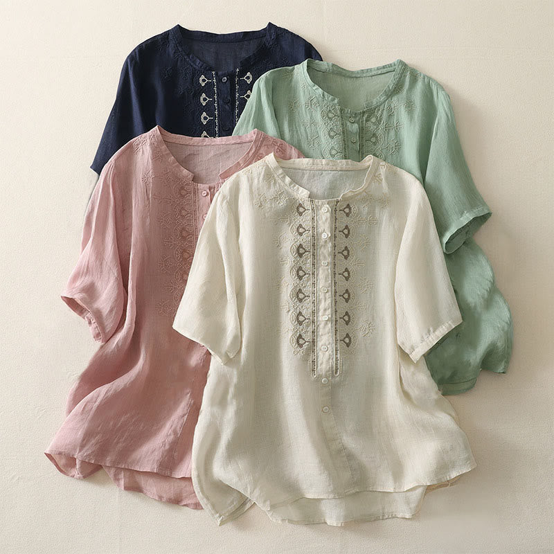 Buddha Stones Letnia koszula damska z krótkim rękawem i okrągłym dekoltem z poliestru w kwiatowy wzór - image 23