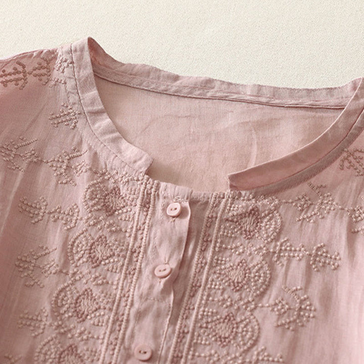 Buddha Stones Letnia koszula damska z krótkim rękawem i okrągłym dekoltem z poliestru w kwiatowy wzór - image 6