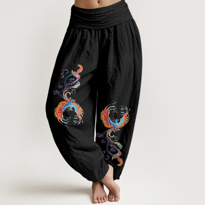 Buddha Stones Eleganckie spodnie haremki damskie z elastyczną talią i wzorem feniksa z czystej bawełny - Czarny - US16, UK/AU20, EU48 (3XL) - image 0