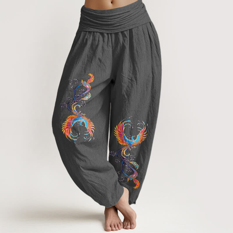 Buddha Stones Eleganckie spodnie haremki damskie z elastyczną talią i wzorem feniksa z czystej bawełny - DimGray - US16, UK/AU20, EU48 (3XL) - image 8