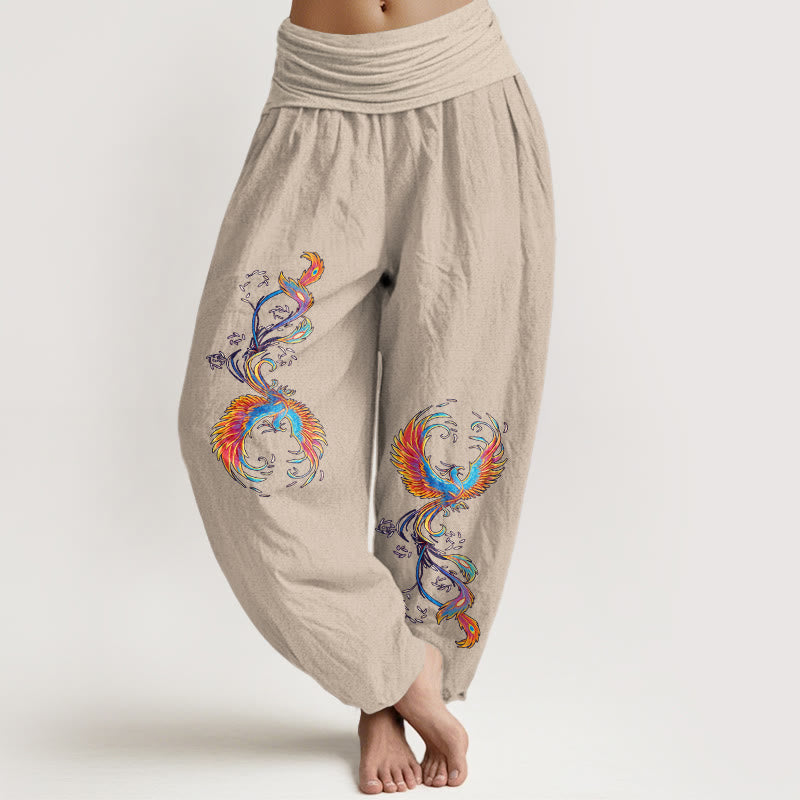 Buddha Stones Eleganckie spodnie haremki damskie z elastyczną talią i wzorem feniksa z czystej bawełny - Dębnik - US16, UK/AU20, EU48 (3XL) - image 11