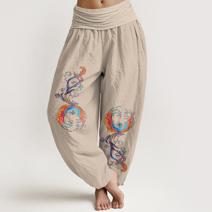Buddha Stones Eleganckie spodnie haremki damskie z elastyczną talią i wzorem feniksa z czystej bawełny - Dębnik - US16, UK/AU20, EU48 (3XL) - image 11