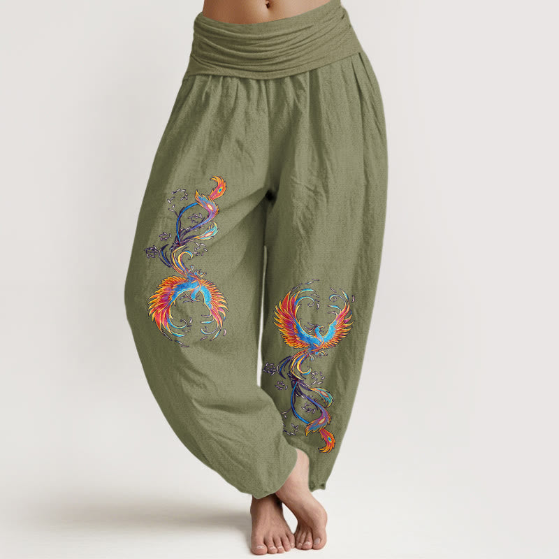 Buddha Stones Eleganckie spodnie haremki damskie z elastyczną talią i wzorem feniksa z czystej bawełny - Oliwkowy - US16, UK/AU20, EU48 (3XL) - image 14