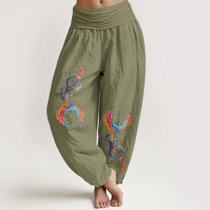 Buddha Stones Eleganckie spodnie haremki damskie z elastyczną talią i wzorem feniksa z czystej bawełny - Oliwkowy - US16, UK/AU20, EU48 (3XL) - image 14