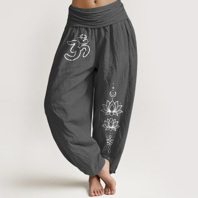 Buddha Stones Czysta bawełna, minimalistyczny design, damskie spodnie haremowe z elastyczną talią i motywem księżyca Om - DimGray - US16, UK/AU20, EU48 (3XL) - image 8