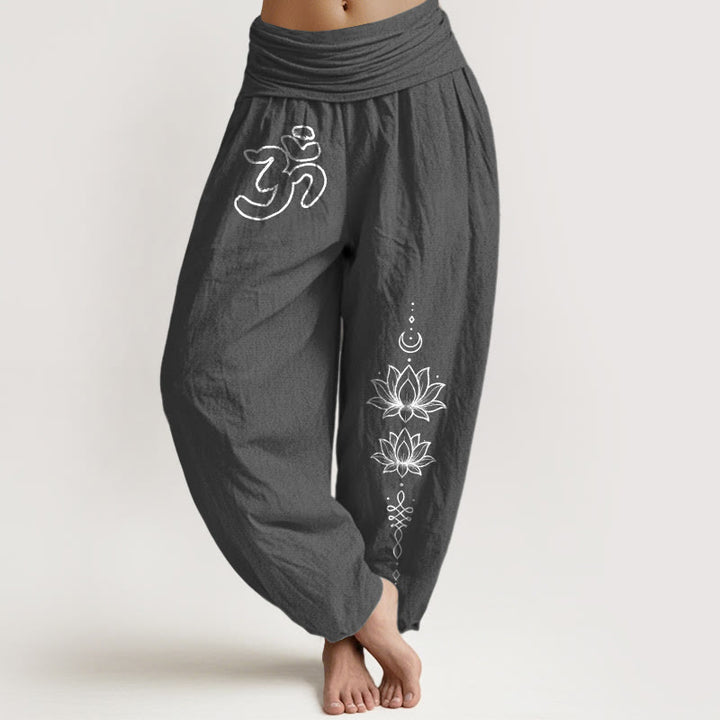 Buddha Stones Czysta bawełna, minimalistyczny design, damskie spodnie haremowe z elastyczną talią i motywem księżyca Om - DimGray - US16, UK/AU20, EU48 (3XL) - image 8