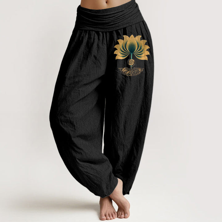 Buddha Stones Harmonijna kolorystyka, spodnie damskie typu harem z czystej bawełny, wzór lotosu, z elastyczną talią - Czarny - US16, UK/AU20, EU48 (3XL) - image 0