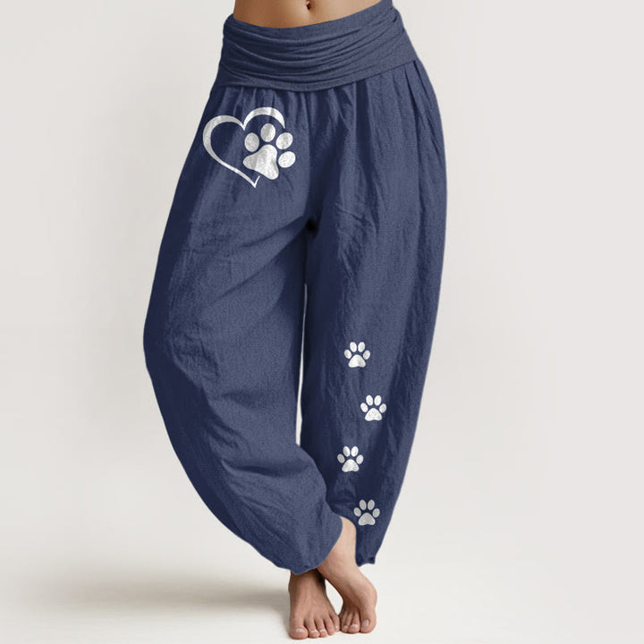 Buddha Stones Spodnie damskie haremki z elastycznej talii z nadrukiem kocich łapek w kształcie serca z czystej bawełny - DarkSlateBlue - US16, UK/AU20, EU48 (3XL) - image 8