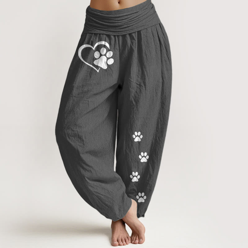 Buddha Stones Spodnie damskie haremki z elastycznej talii z nadrukiem kocich łapek w kształcie serca z czystej bawełny - DimGray - US16, UK/AU20, EU48 (3XL) - image 11