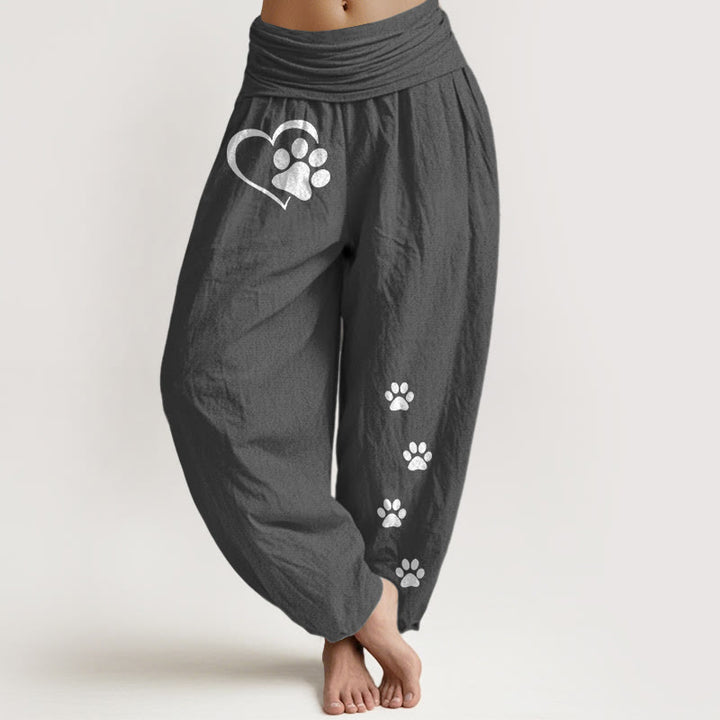 Buddha Stones Spodnie damskie haremki z elastycznej talii z nadrukiem kocich łapek w kształcie serca z czystej bawełny - DimGray - US16, UK/AU20, EU48 (3XL) - image 11