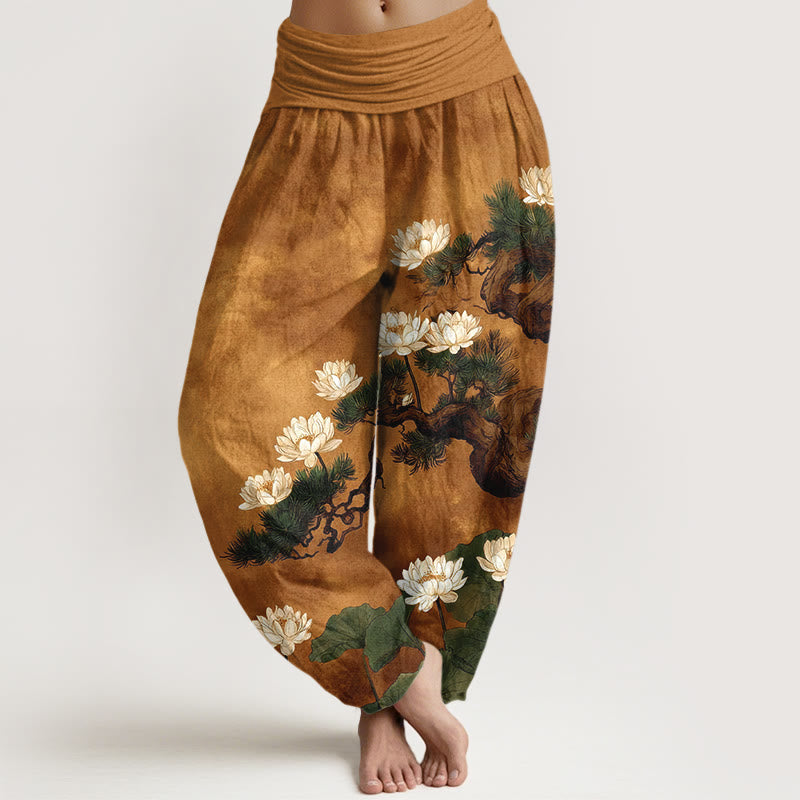 Buddha Stones Eleganckie spodnie haremki damskie z elastyczną talią i wzorem liścia lotosu z czystej bawełny - Nawłoć - US16, UK/AU20, EU48 (3XL) - image 0