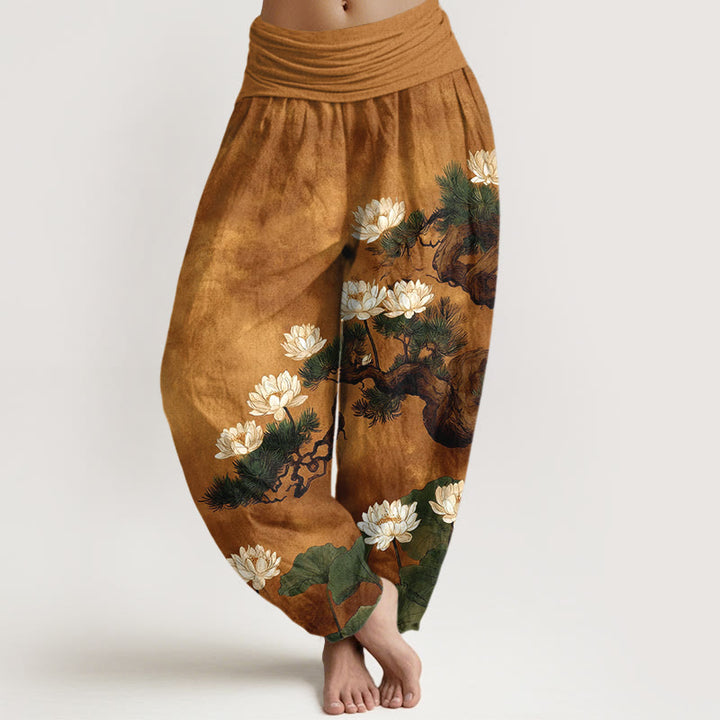 Buddha Stones Eleganckie spodnie haremki damskie z elastyczną talią i wzorem liścia lotosu z czystej bawełny - Nawłoć - US16, UK/AU20, EU48 (3XL) - image 0