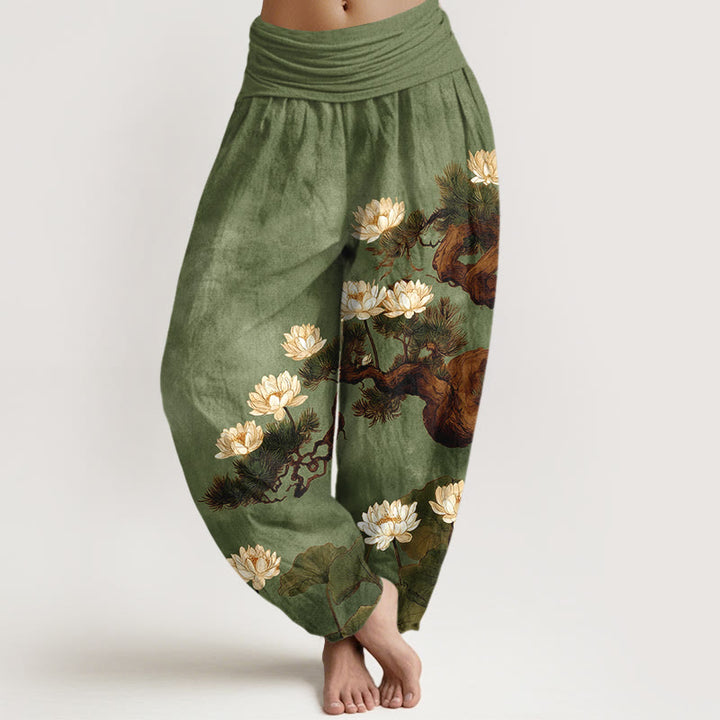 Buddha Stones Eleganckie spodnie haremki damskie z elastyczną talią i wzorem liścia lotosu z czystej bawełny - Oliwkowy - US16, UK/AU20, EU48 (3XL) - image 5